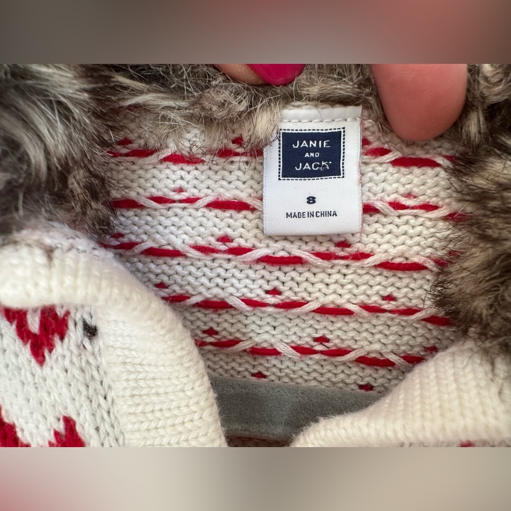 Janie and Jack knitted cotton argyle cardigan with faux fur collar - Picture 3 of 4